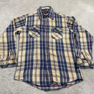 VTG 70s Kingsport Shirt Mens M Blue Yellow Plaid Flannel Workwear Retro Western